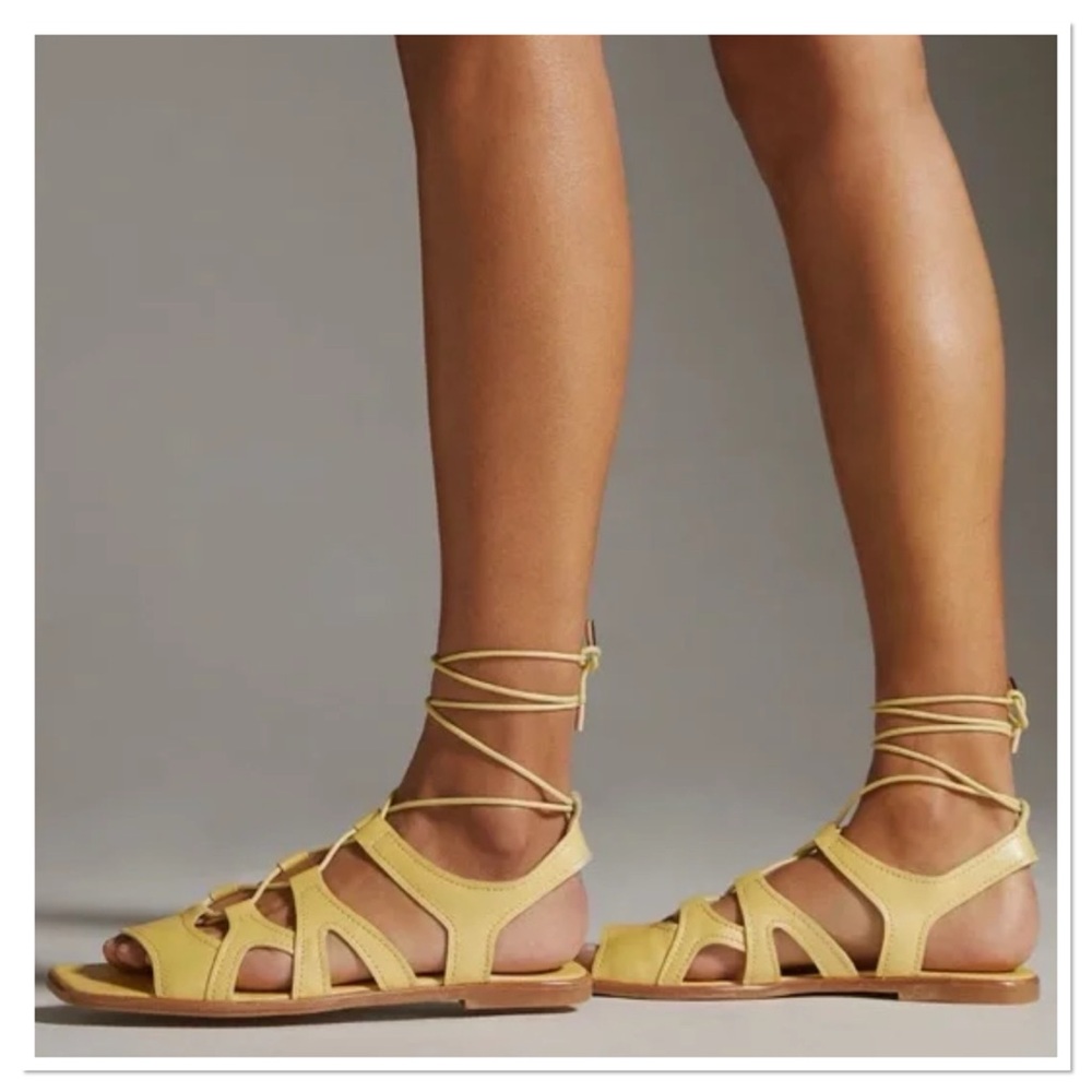 Anthropologie Yellow Lace-Up Leather Sandals - Size 9.5
